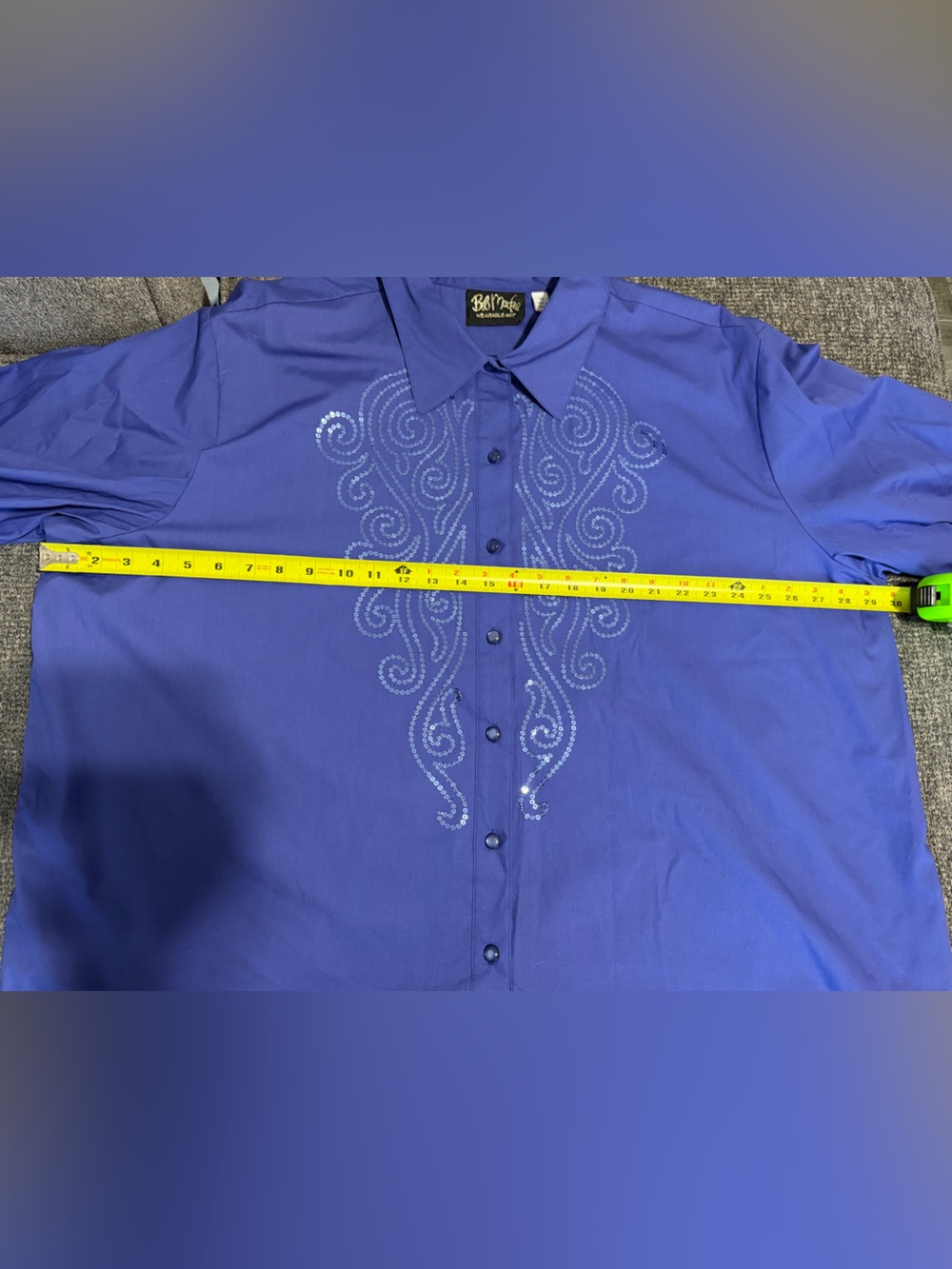 Bob Mackie Wearable Art 3X Blue Sequin Scroll Button Front Blouse Plus Size - Picture 7 of 11